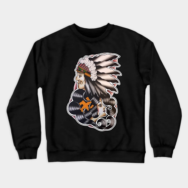 Native American with Lady Face Tattoo Design Crewneck Sweatshirt by forevertruetattoo